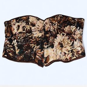 Floral Embroidered Strapless Corset Top - Brown & Cream